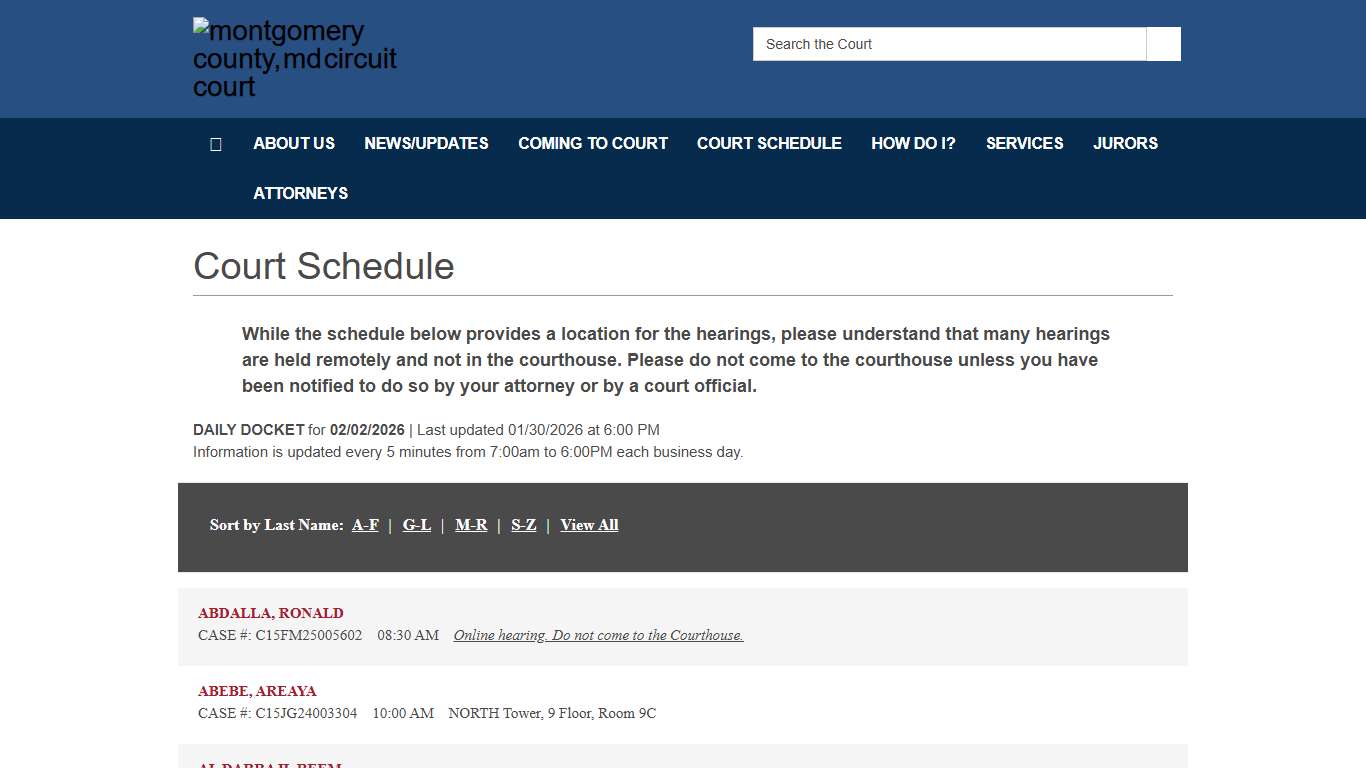 Court Schedule - Montgomery County, MD Circuit Court